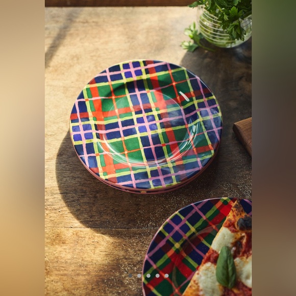 Anthropologie Tartan Stoneware Dessert Plates | Set of 2 | Green | NIB - Picture 1 of 6